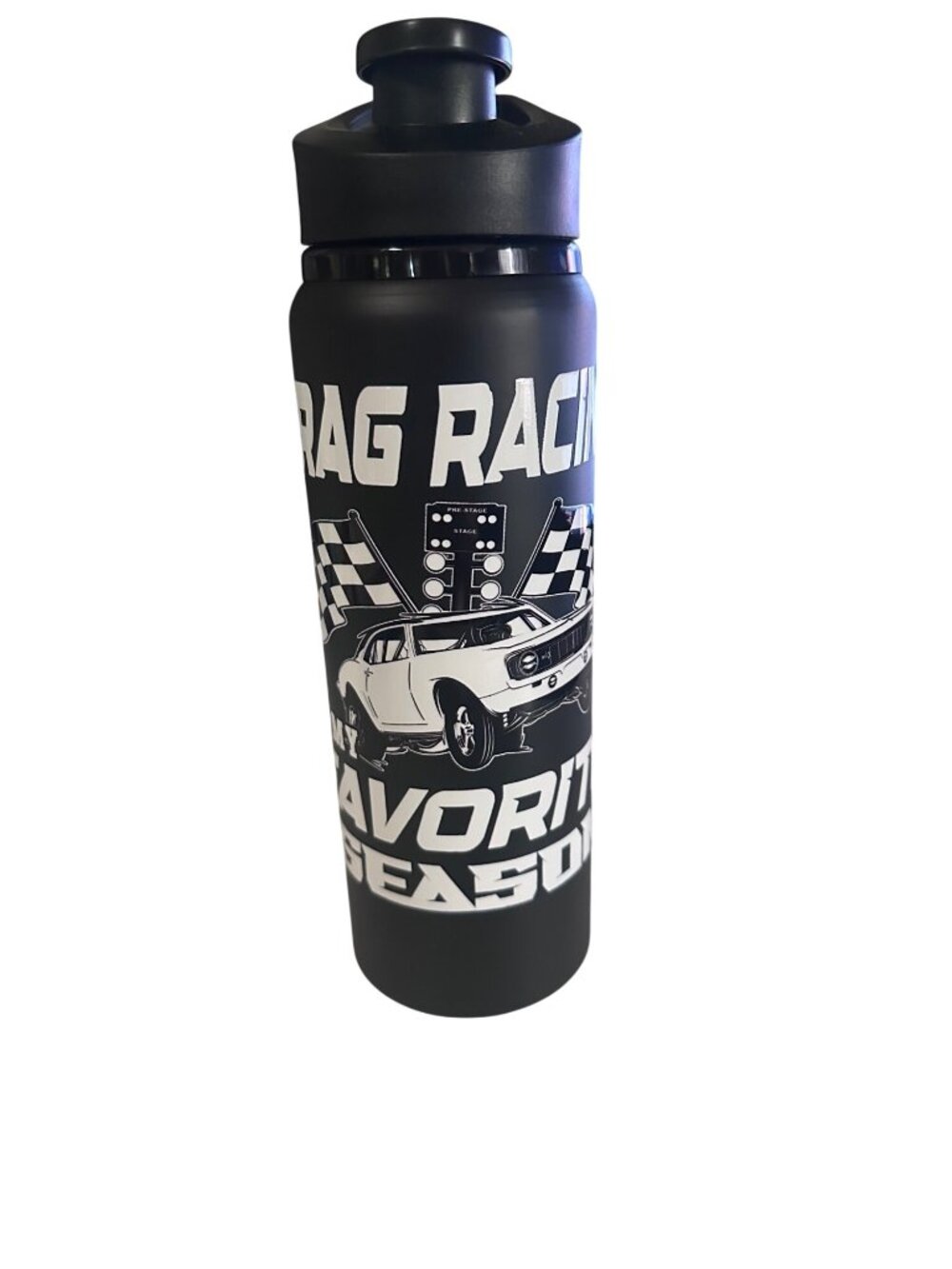 24 oz. aluminum black and white water bottle with handle Drag Racing UTDTF